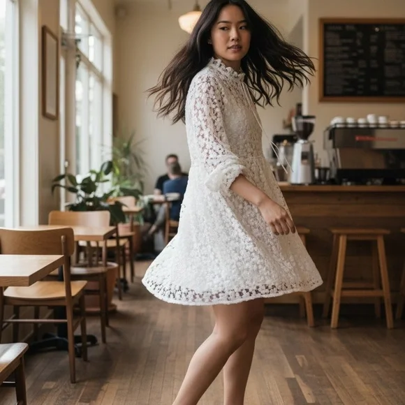 Zara White Floral Textured Babydoll Dress/Tunic - Size XL - Picture 5 of 10